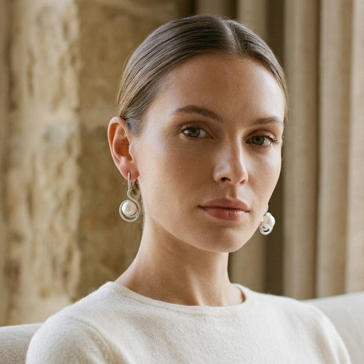White Gold Freshwater Pearl Earrings 7.0mm in 14K White Gold - on model