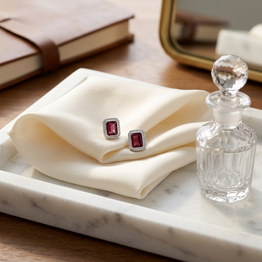 Pink Tourmaline & Diamond Rectangular Earrings in 14K White Gold - editorial