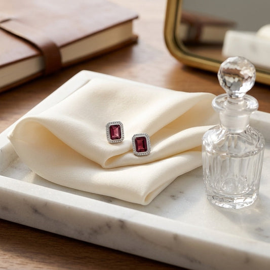 Pink Tourmaline & Diamond Rectangular Earrings in 14K White Gold - editorial