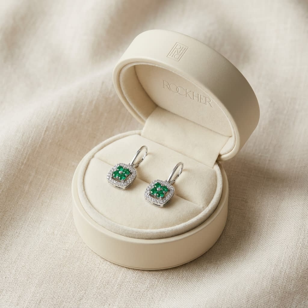 Created Emerald And Diamond Dangle Clover Leverback Earrings in 14K White Gold, in navy velvet jewelry box