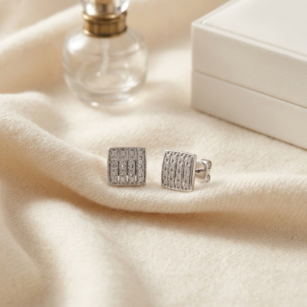 Diamond Square Button Earrings in 14K White Gold - flat lay