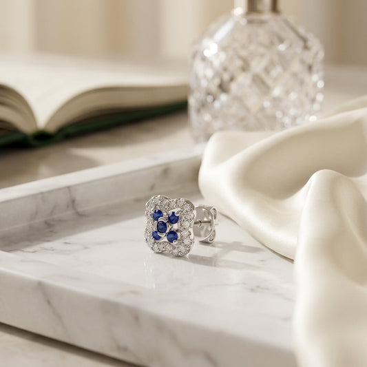 Sapphire & Diamond Clover Earrings in 14K White Gold - editorial