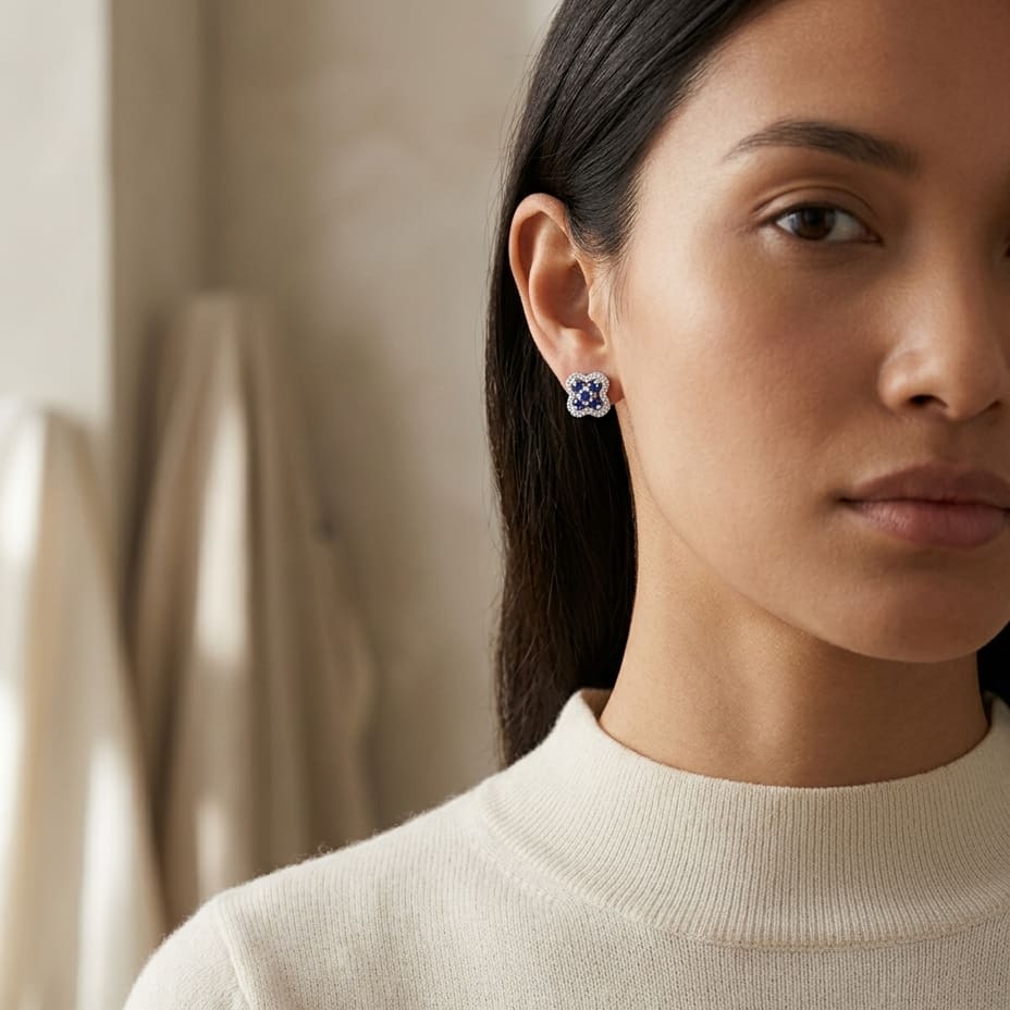 Sapphire & Diamond Clover Earrings in 14K White Gold - lifestyle