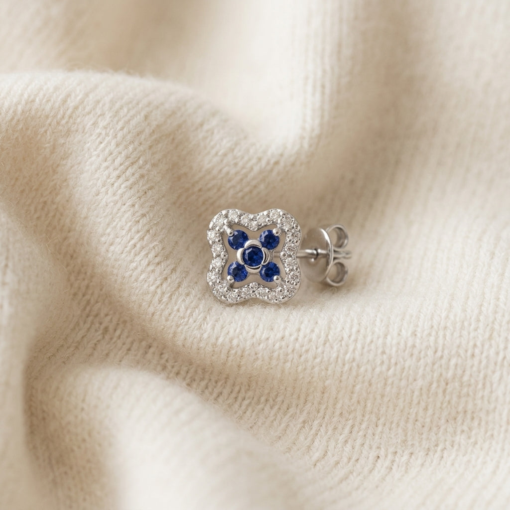Sapphire & Diamond Clover Earrings in 14K White Gold - flat lay