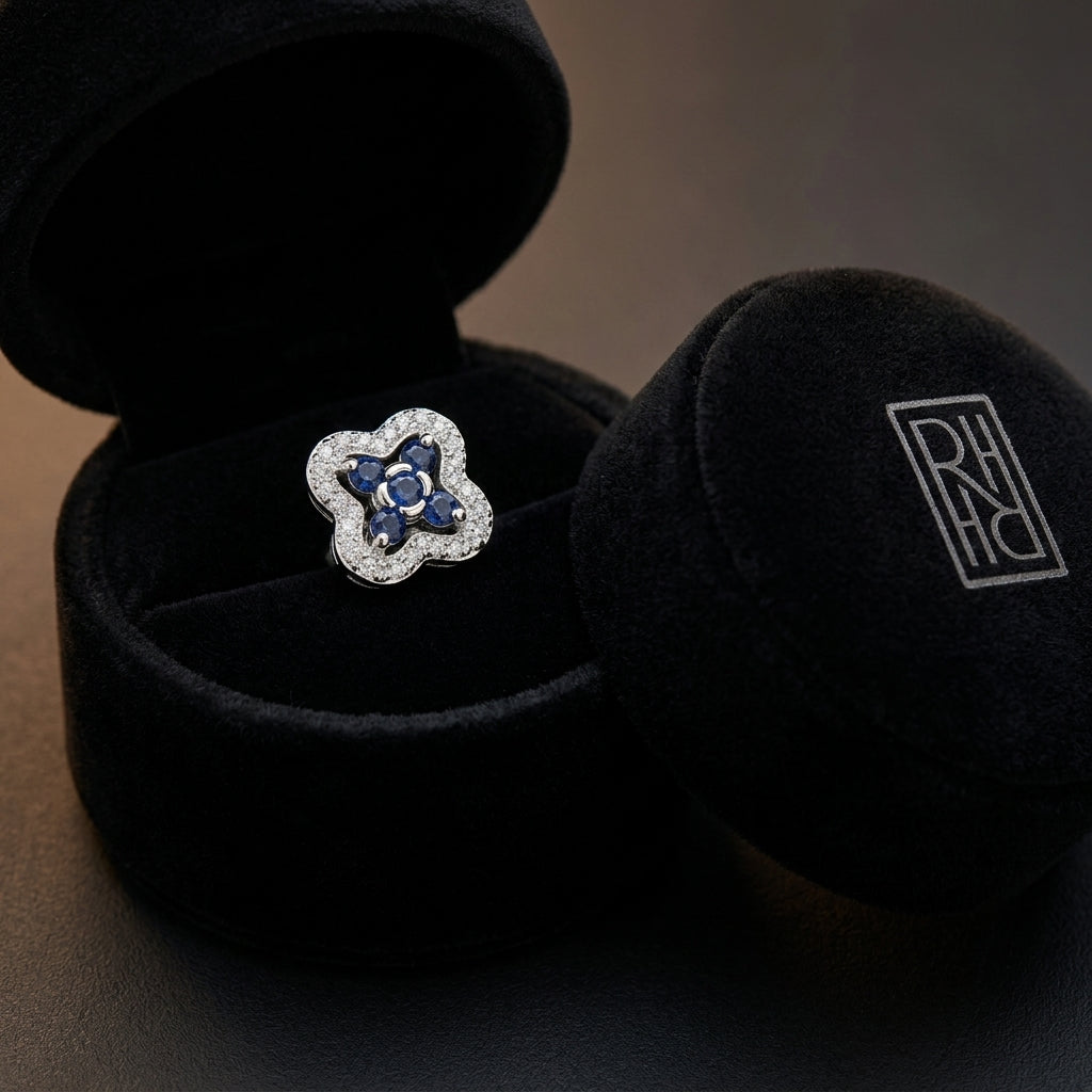 Sapphire & Diamond Clover Earrings in 14K White Gold - presentation