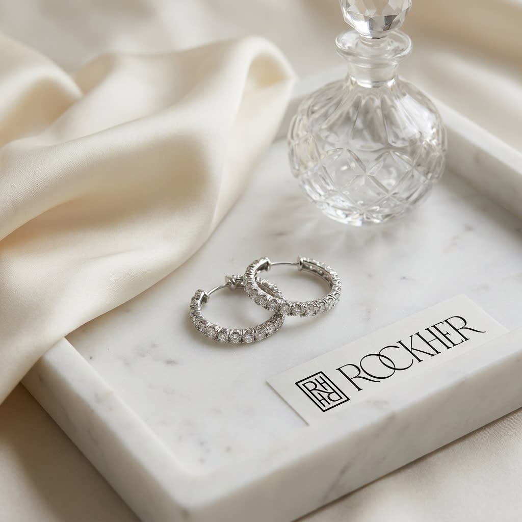 Diamond Hinged Back J Hoop Earrings in 14k White Gold 0.26ctw, on marble vanity tray with silk