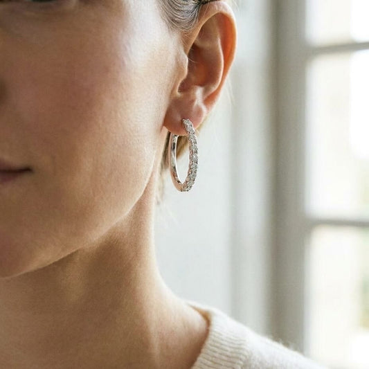 Diamond Hinged Back J Hoop Earrings in 14k White Gold 0.26ctw, worn close-up portrait