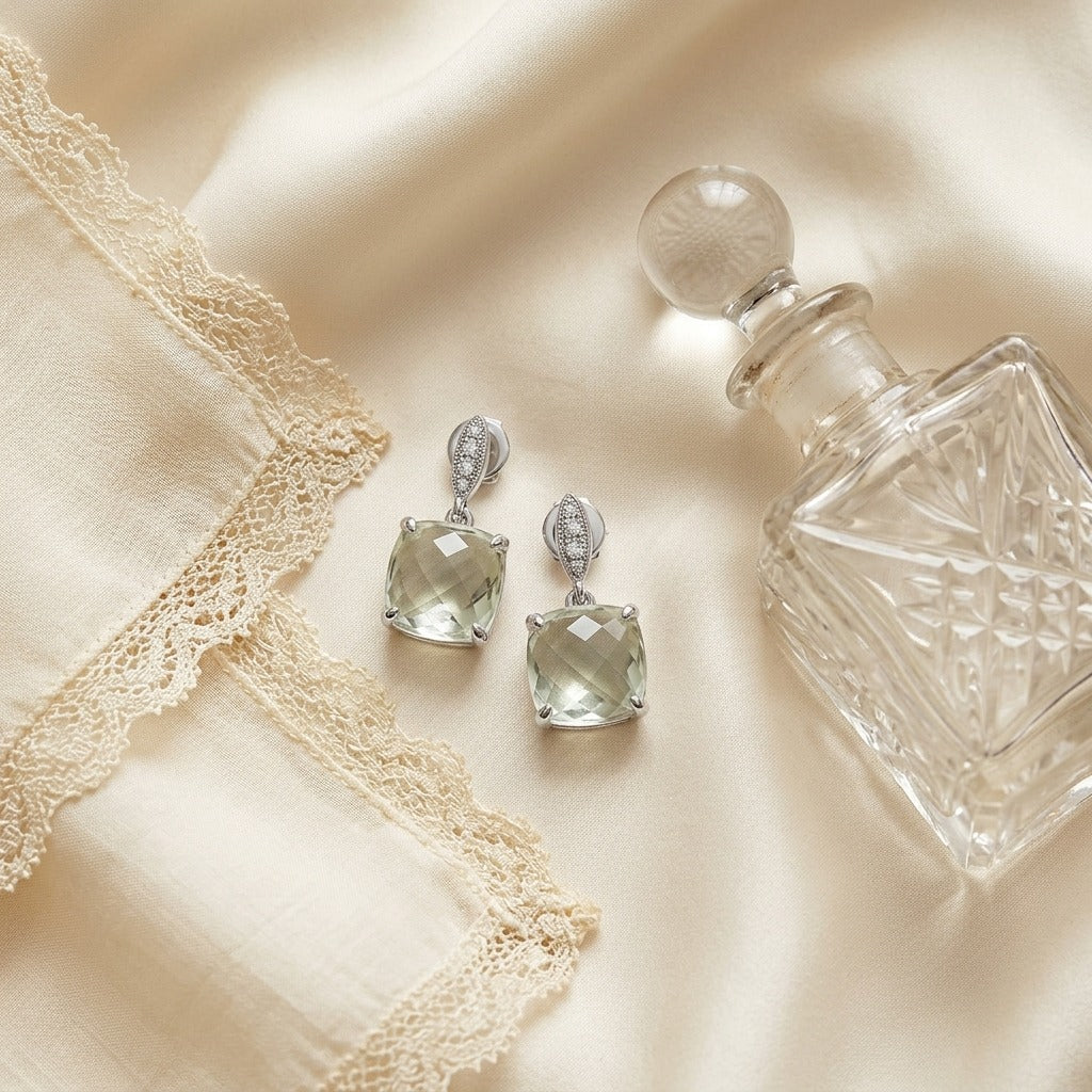 Amethyst & Diamond Earrings in 14K White Gold - flat lay