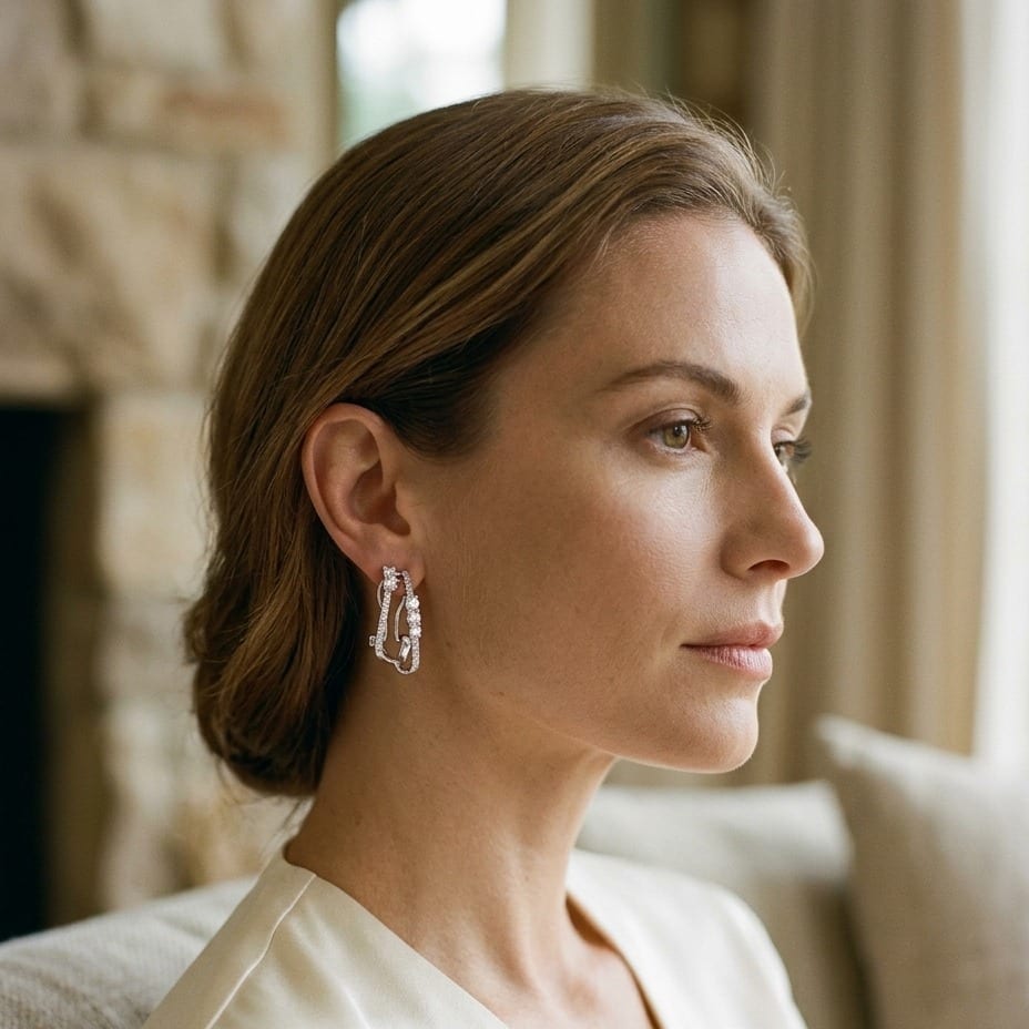 Diamond Double Row Omega Earrings in 14K White Gold - lifestyle