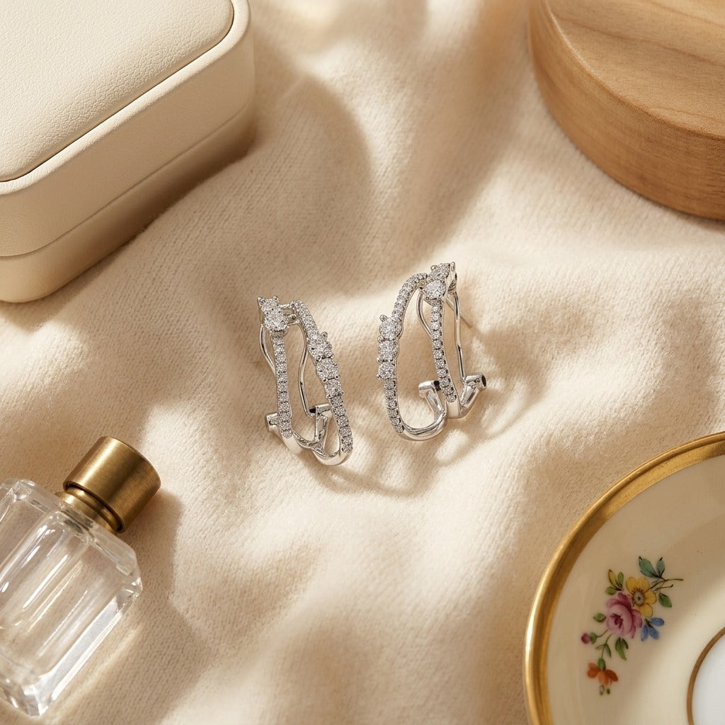 Diamond Double Row Omega Earrings in 14K White Gold - flat lay