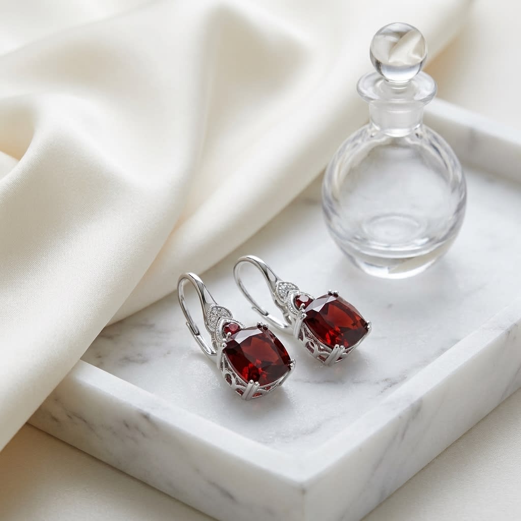 Rhodolite Garnet & Diamond Earrings in 14K White Gold, on marble vanity tray with silk