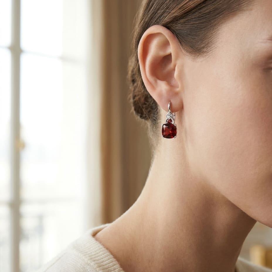 Rhodolite Garnet & Diamond Earrings in 14K White Gold, worn close-up portrait