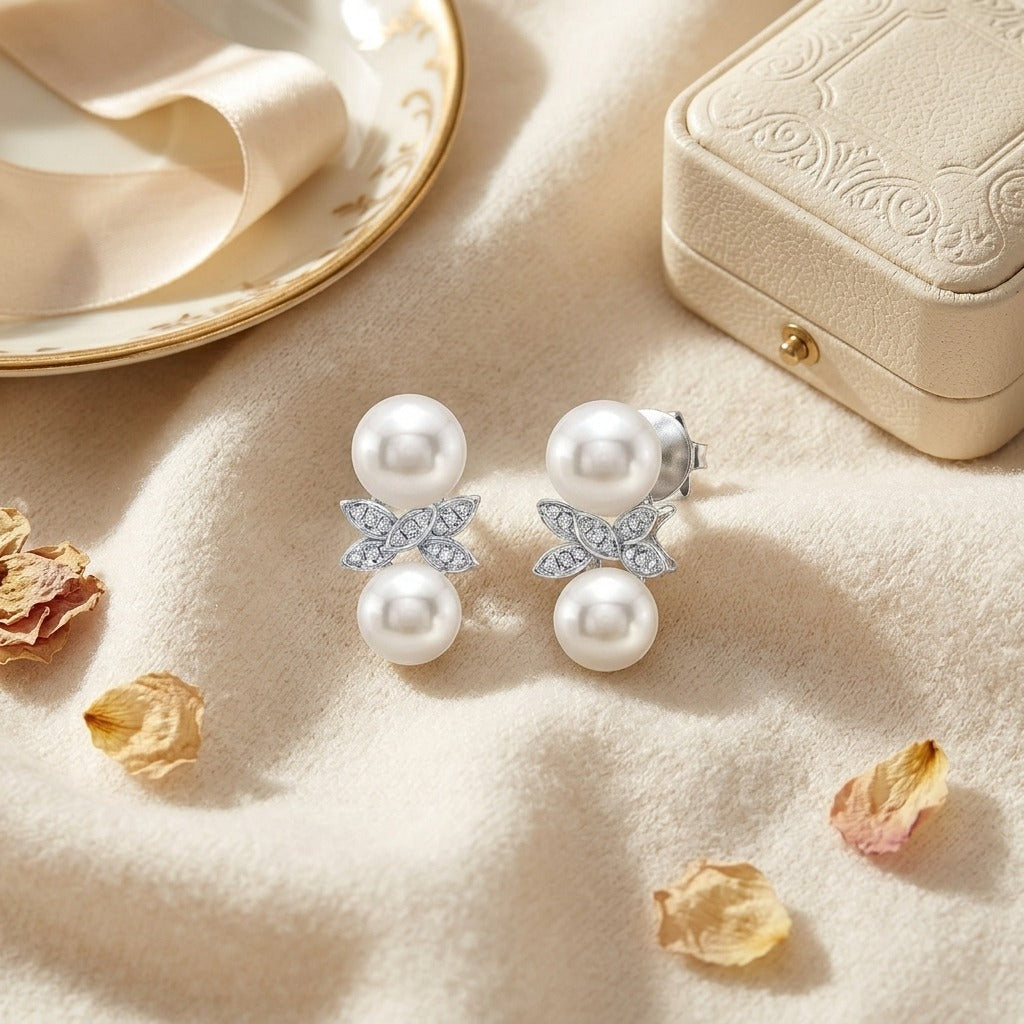 Freshwater Pearl & Diamond Butterfly Earring in 14K White Gold - flat lay