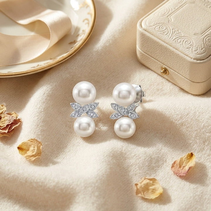 Freshwater Pearl & Diamond Butterfly Earring in 14K White Gold - flat lay