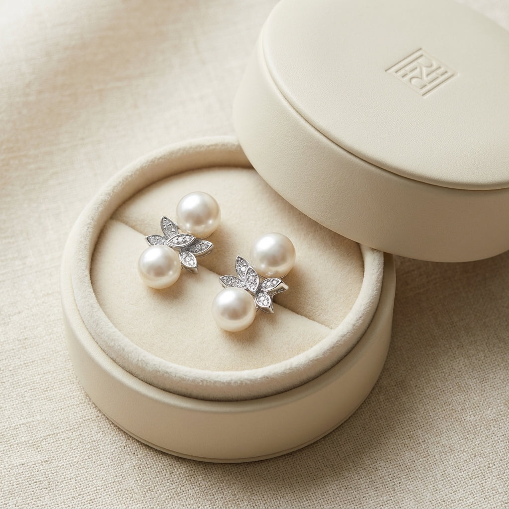 Fresh Water Pearl And Diamond Butterfly Earring in 14K White Gold, in navy velvet jewelry box