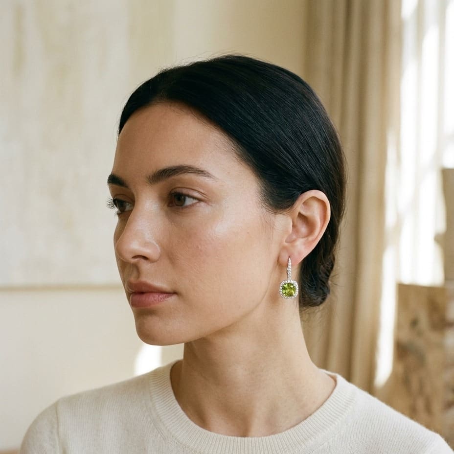 Peridot & Diamond Earrings in 14K White Gold - lifestyle