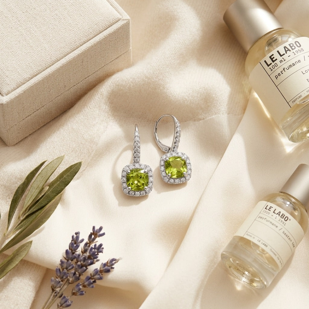 Peridot & Diamond Earrings in 14K White Gold - flat lay