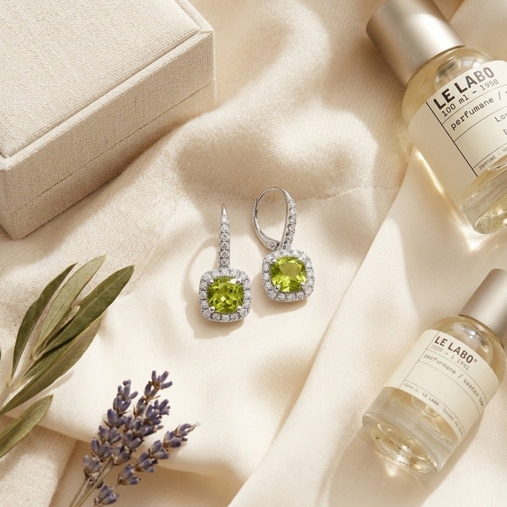 Peridot & Diamond Earrings in 14K White Gold - flat lay