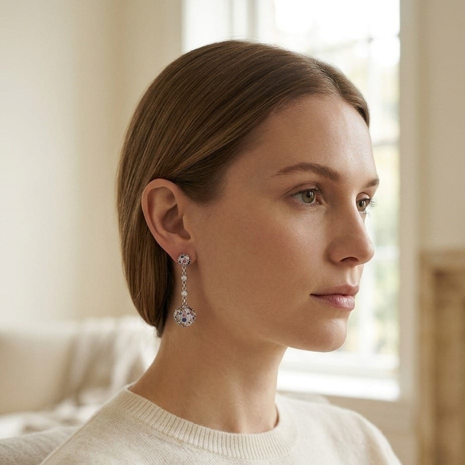 14K Gold Sapphire & 1/2ct Diamond Earrings in 14K White Gold - editorial