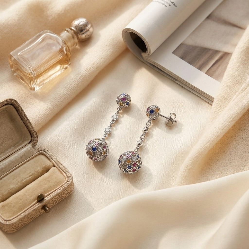 14K Gold Sapphire & 1/2ct Diamond Earrings in 14K White Gold - flat lay