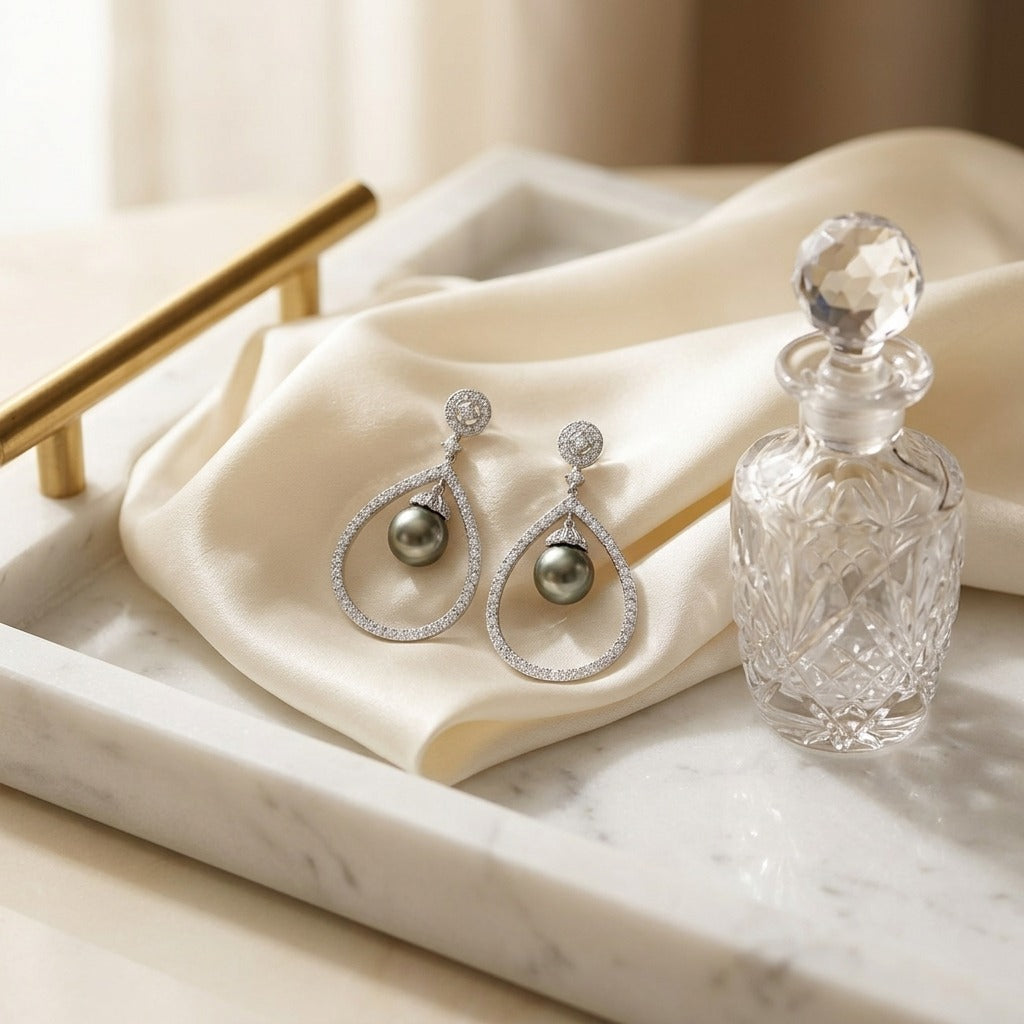 Black Pearl & Diamond Tear Drop Earrings in 14K White Gold - editorial