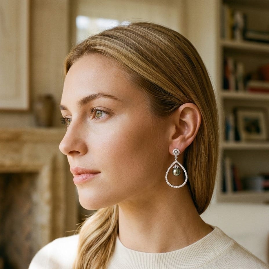 Black Pearl & Diamond Tear Drop Earrings in 14K White Gold - lifestyle