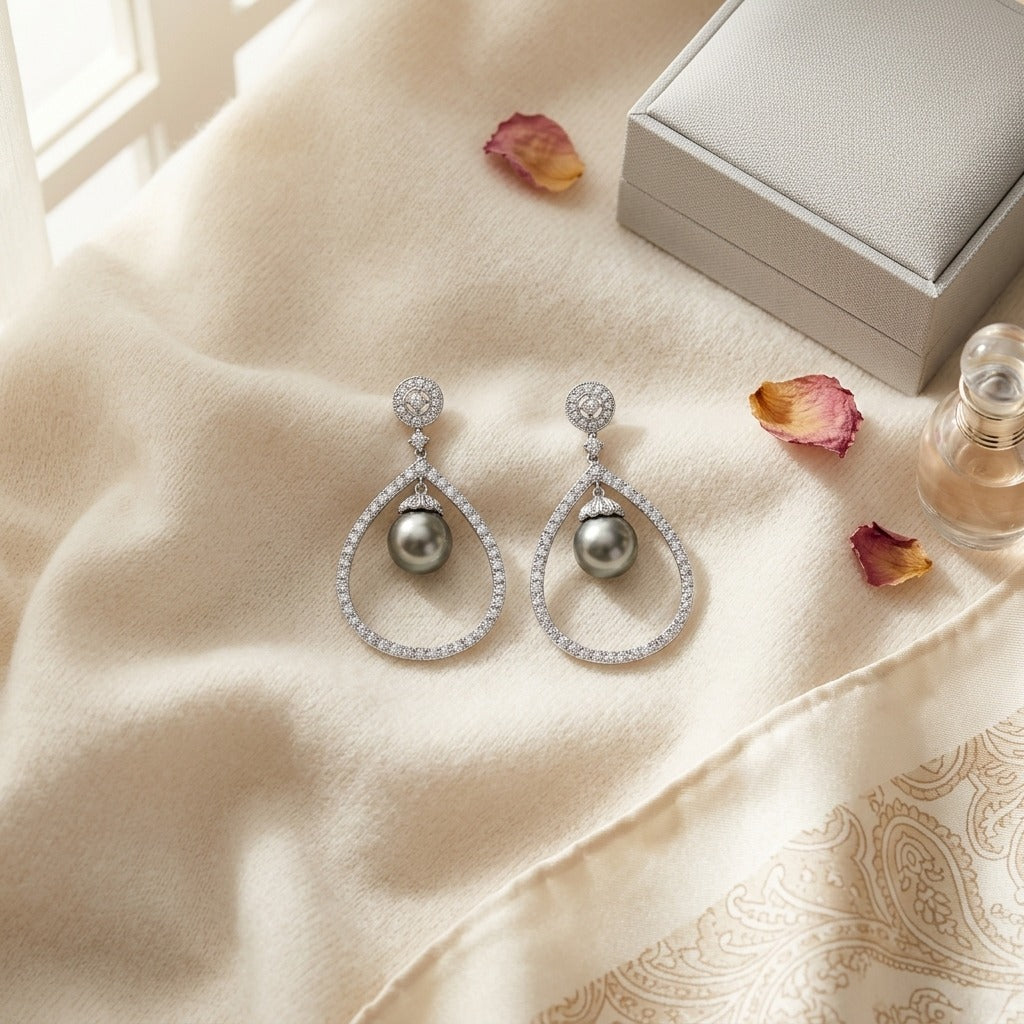 Black Pearl & Diamond Tear Drop Earrings in 14K White Gold - flat lay