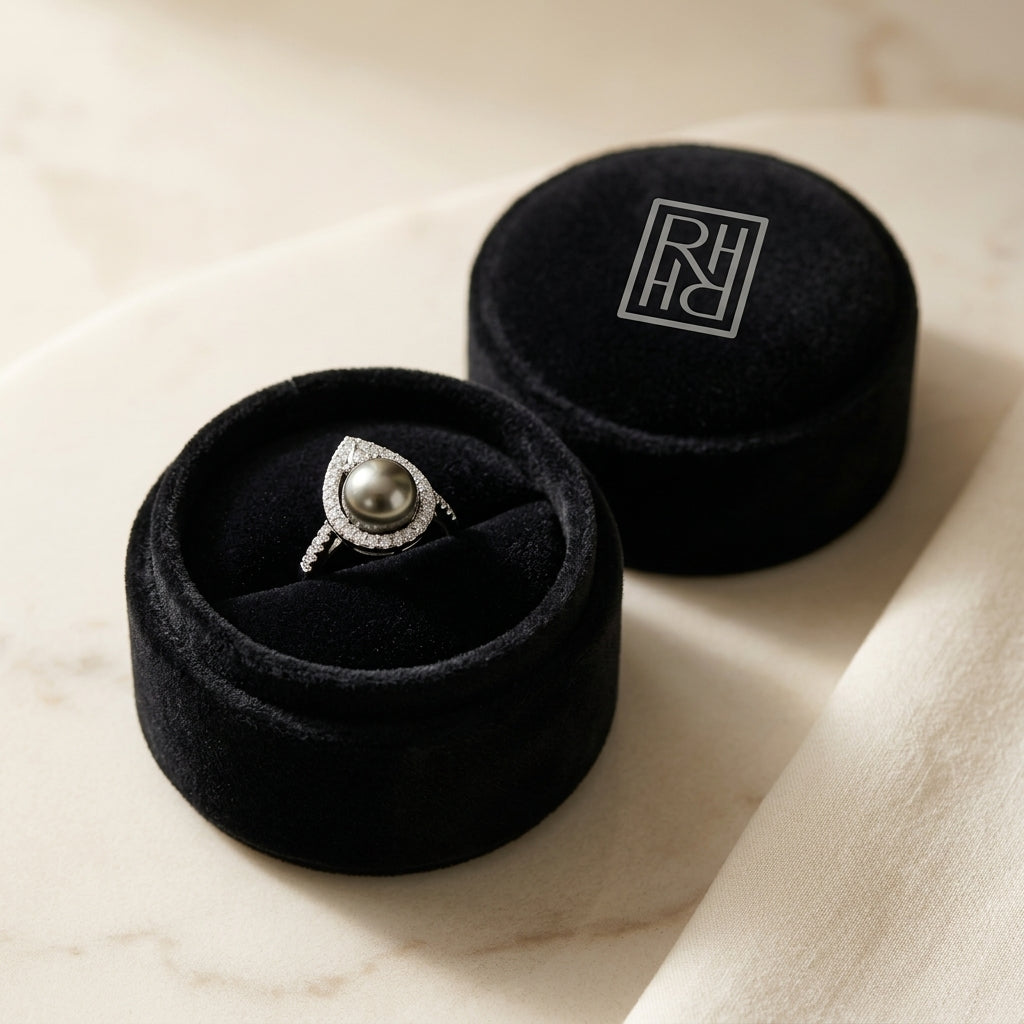 Black Pearl & Diamond Tear Drop Earrings in 14K White Gold - presentation
