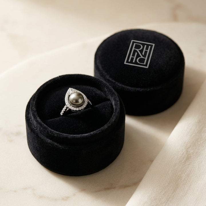 Black Pearl & Diamond Tear Drop Earrings in 14K White Gold - presentation