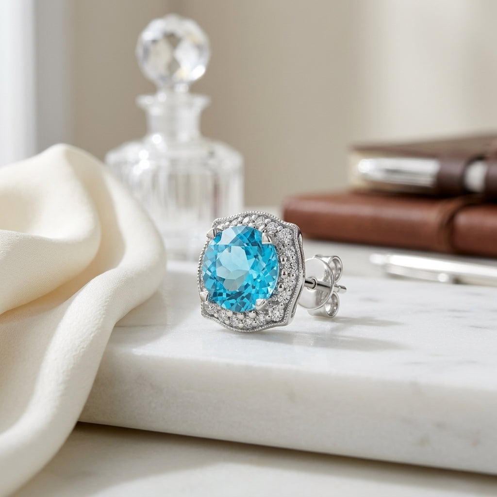 Blue Topaz & Diamond Round Halo Pinched Corner Earrings in 14K White Gold - lifestyle