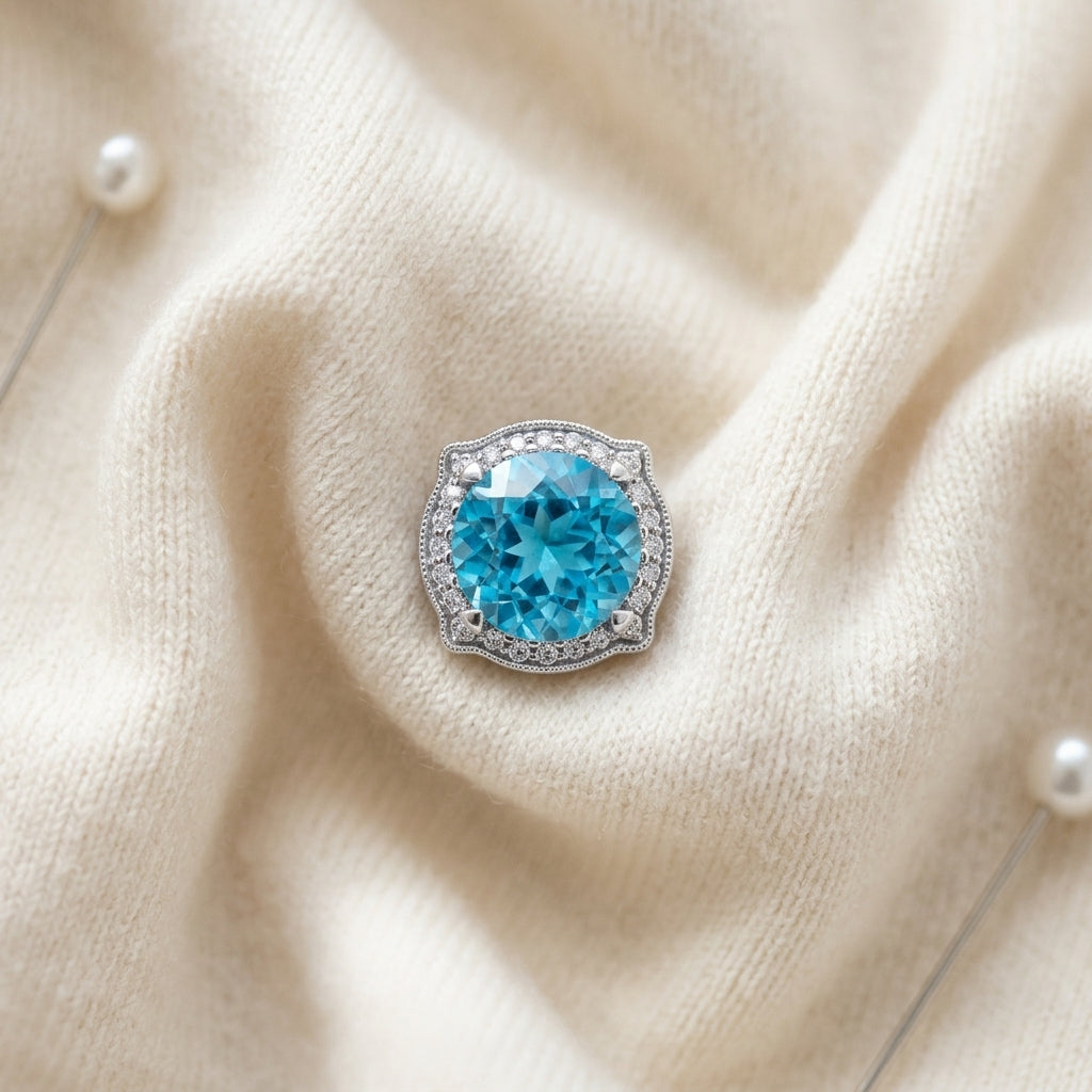 Blue Topaz & Diamond Round Halo Pinched Corner Earrings in 14K White Gold - flat lay