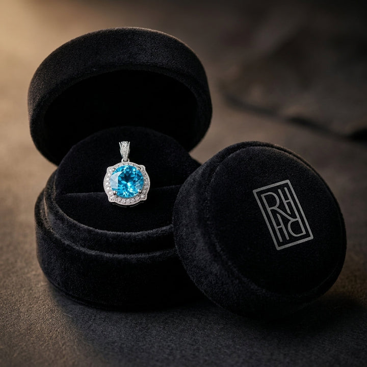 Blue Topaz & Diamond Round Halo Pinched Corner Earrings in 14K White Gold - presentation