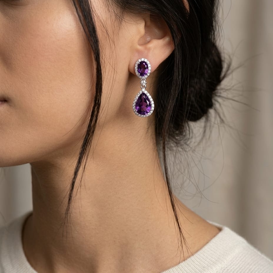 Amethyst & Diamond Pave Dangle Earrings in 14K White Gold - lifestyle