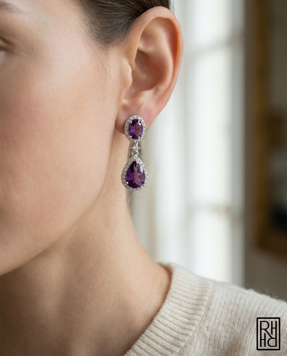 Amethyst And Diamond Pave Dangle Earrings in 14K White Gold, worn close-up portrait