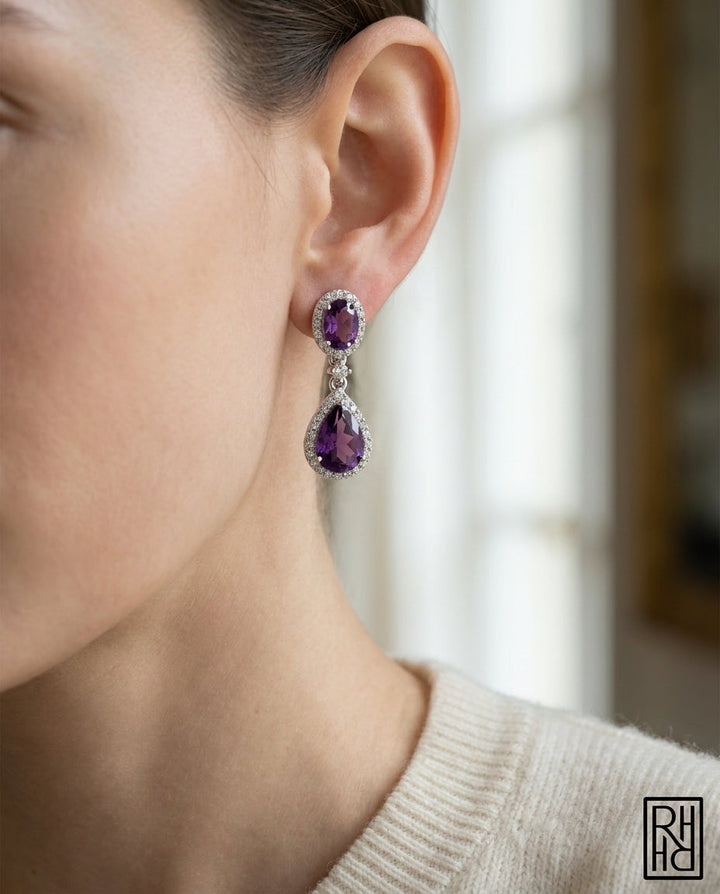 Amethyst And Diamond Pave Dangle Earrings in 14K White Gold, worn close-up portrait