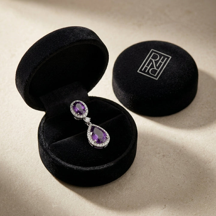 Amethyst & Diamond Pave Dangle Earrings in 14K White Gold - presentation
