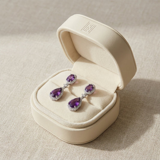 Amethyst And Diamond Pave Dangle Earrings in 14K White Gold, in navy velvet jewelry box