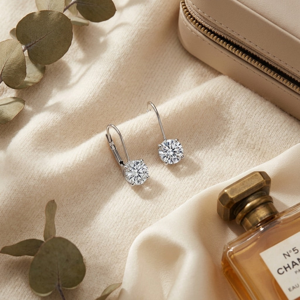 Diamond Leverback Solitaire Earrings 1-5/8ctw in 14K White Gold - flat lay
