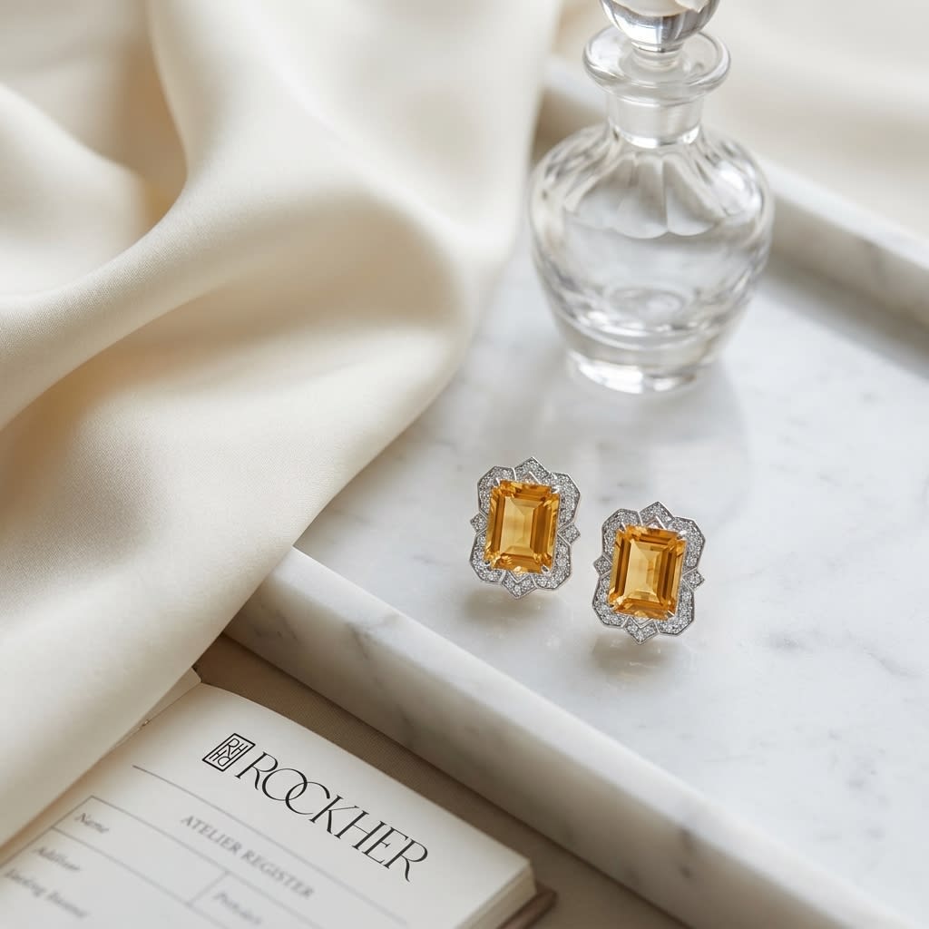 Citrine Emerald Cut Stud Earrings in 14K White Gold, on marble vanity tray with silk