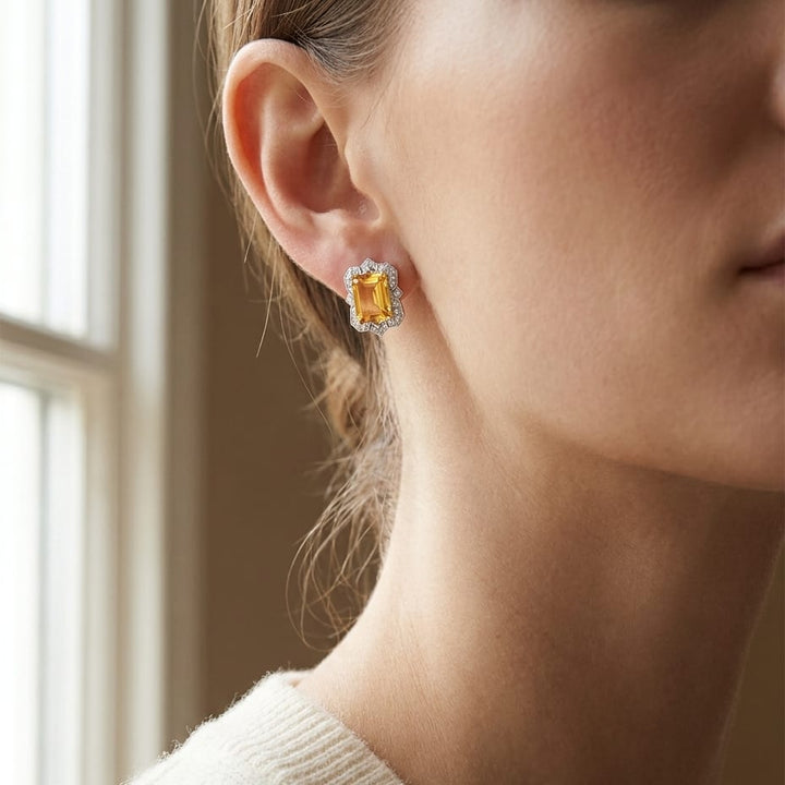 Citrine Emerald Cut Stud Earrings in 14K White Gold, worn close-up portrait