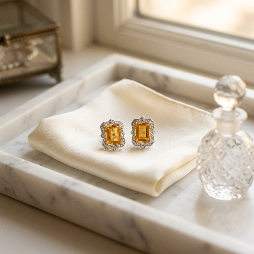 Citrine Emerald Cut & Diamond Earrings in 14K White Gold - lifestyle