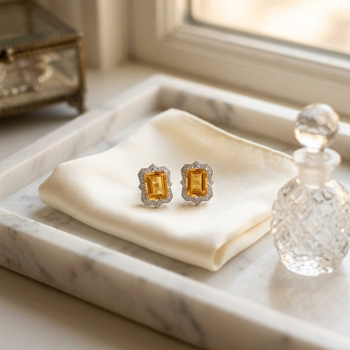 Citrine Emerald Cut & Diamond Earrings in 14K White Gold - lifestyle