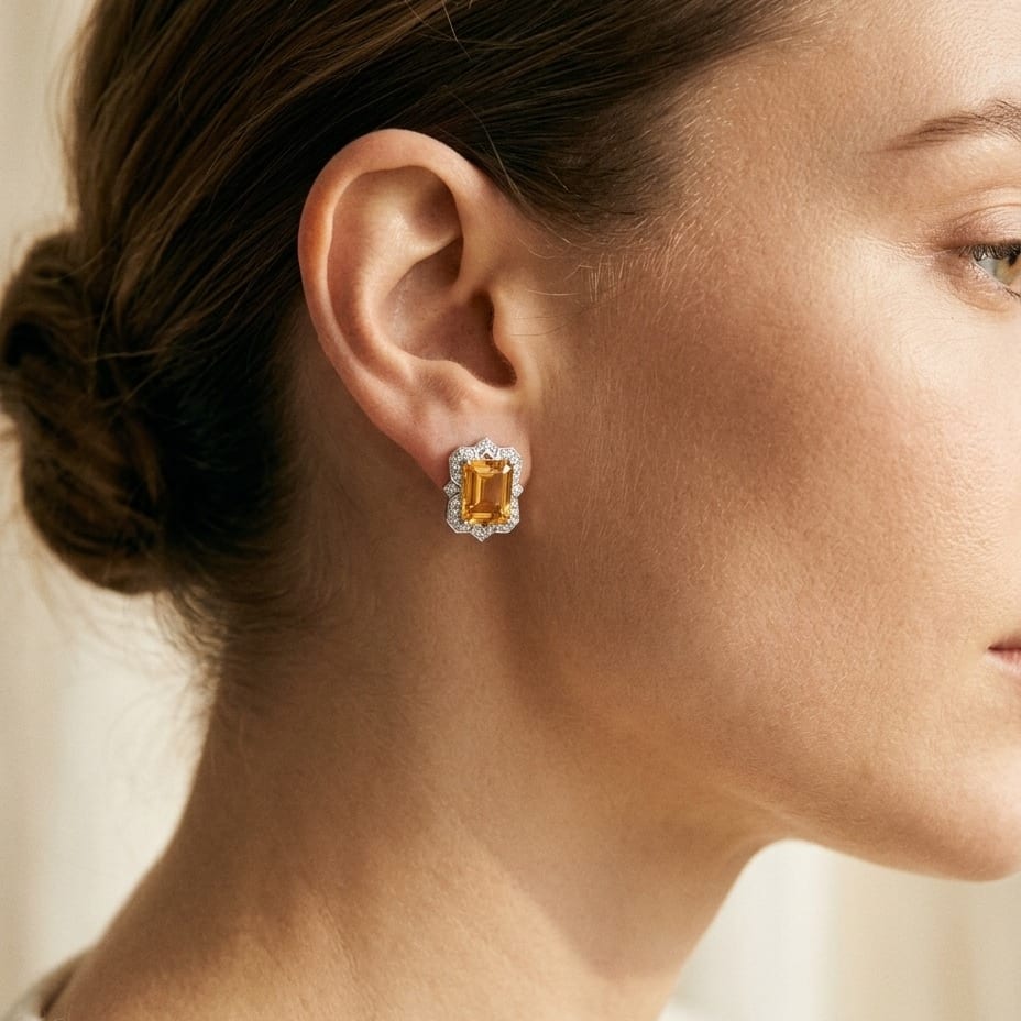 Citrine Emerald Cut & Diamond Earrings in 14K White Gold - editorial