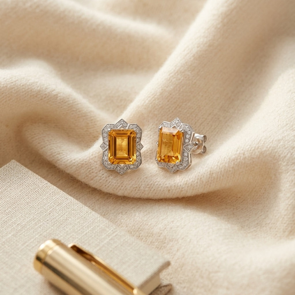 Citrine Emerald Cut & Diamond Earrings in 14K White Gold - flat lay