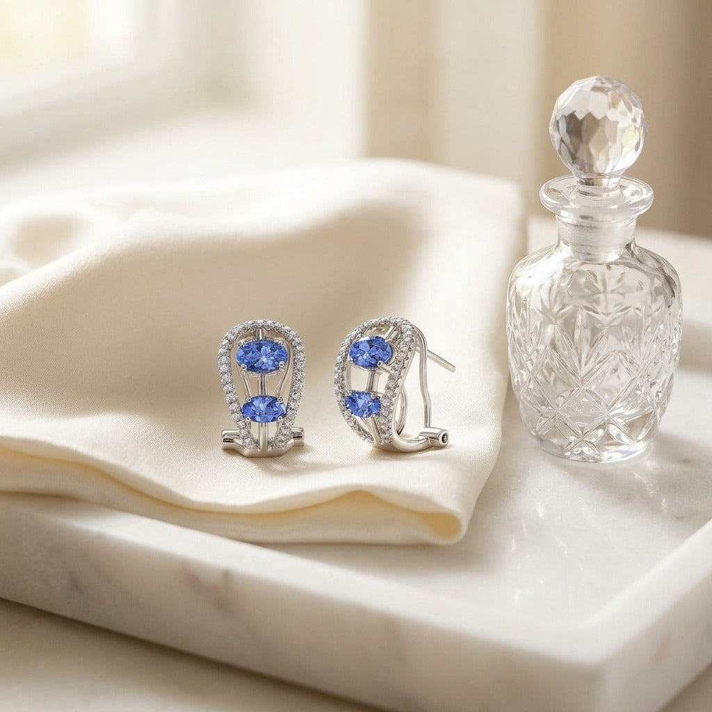 Tanzanite & Diamond Open Work Earrings in 14K White Gold - editorial