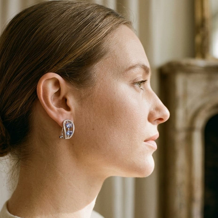 Tanzanite & Diamond Open Work Earrings in 14K White Gold - lifestyle