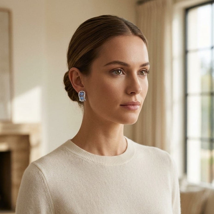 Tanzanite & Diamond Open Work Earrings in 14K White Gold - on model