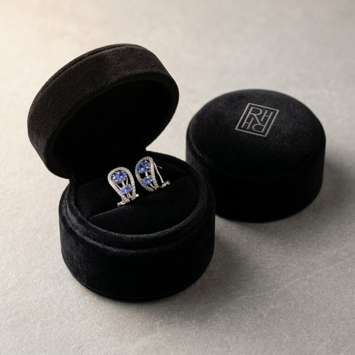 Tanzanite & Diamond Open Work Earrings in 14K White Gold - presentation