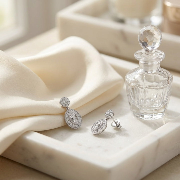 Diamond Oval Halo Dangle Earrings in 14K White Gold - lifestyle