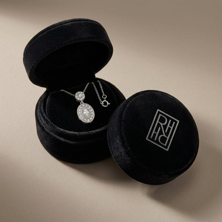 Diamond Oval Halo Dangle Earrings in 14K White Gold - presentation